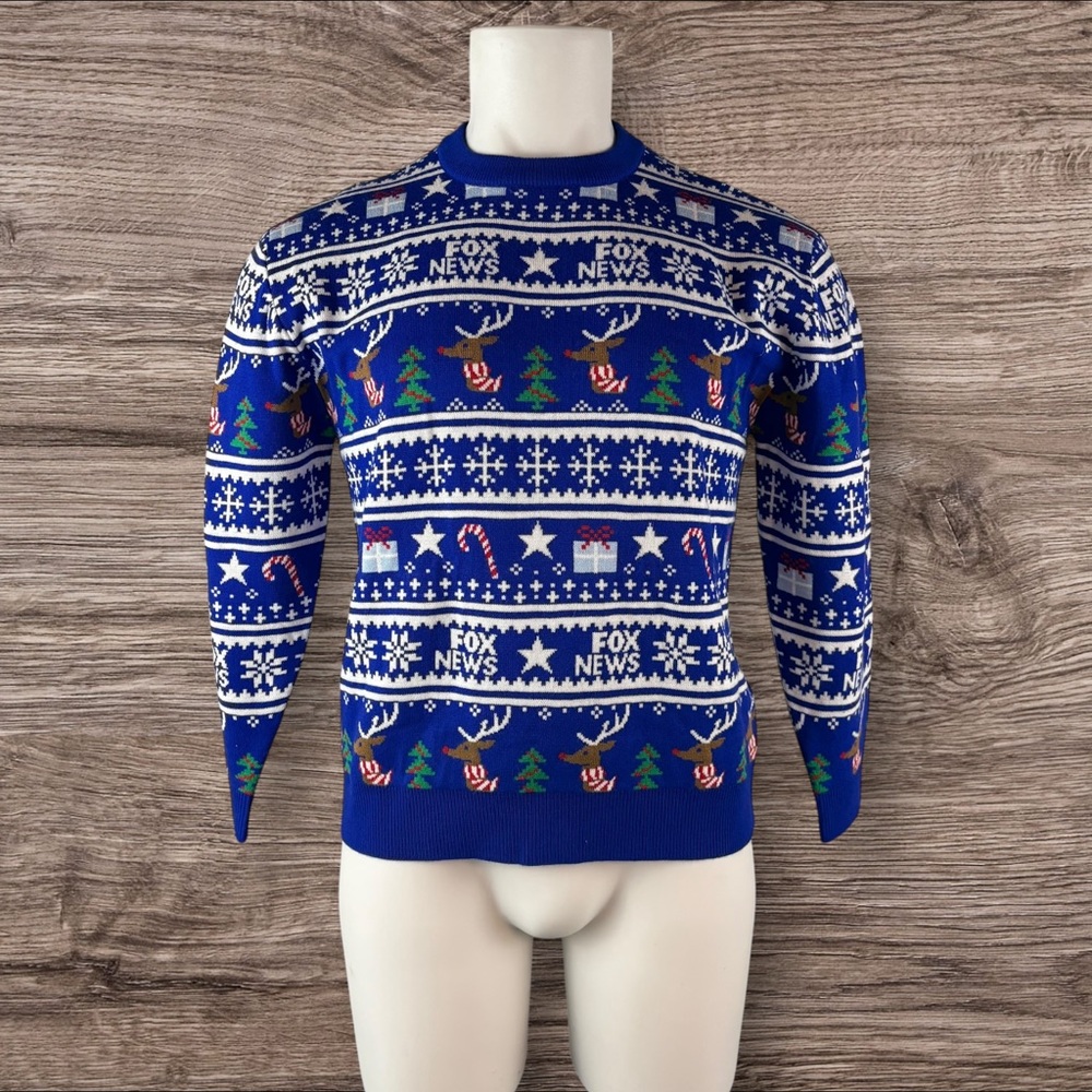 Ugly Christmas Sweater Fox News Size Small Mens Pullover Blue MAGA (820)